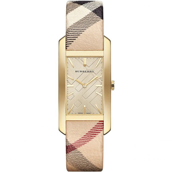 Angled view of Burberry Pioneer watch showing gold case, gold dial, and check-pattern strap