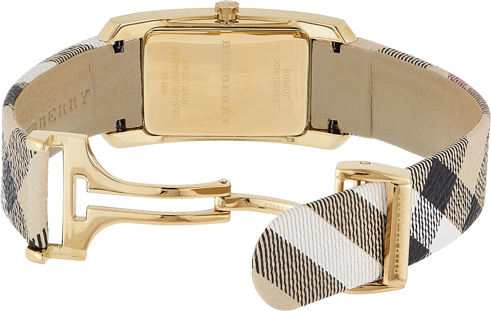 Burberry Pioneer watch strap detail showing beige and check pattern with gold hardware