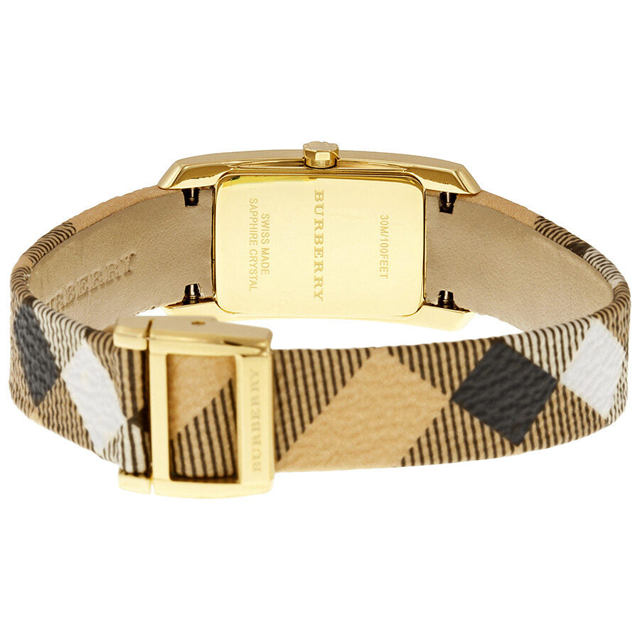 Burberry Pioneer watch caseback showing gold ion-plated case and check-pattern strap design