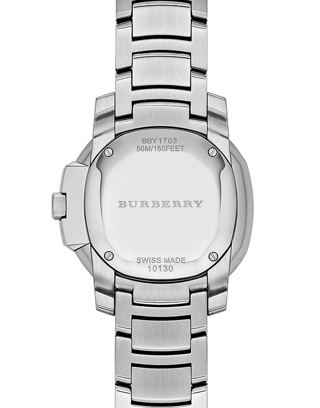Caseback of Burberry The Britain watch with reference number BBY1703 and Swiss Made marking