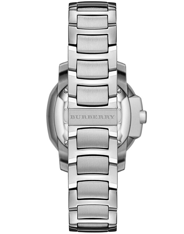 Silver steel bracelet strap of Burberry The Britain women's watch from above