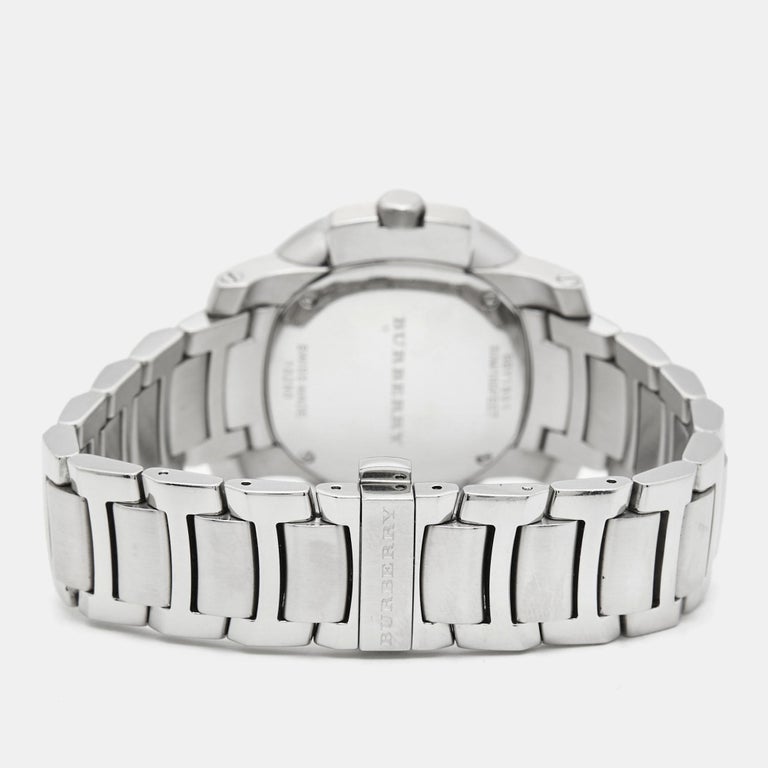 Burberry The Britain watch caseback showing silver steel bracelet and case construction