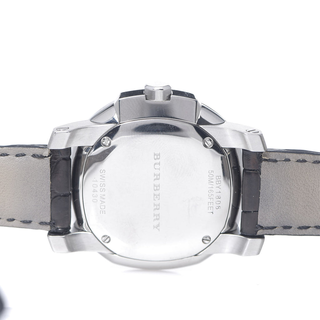Burberry The Britain watch caseback showing stainless steel case and leather strap detail