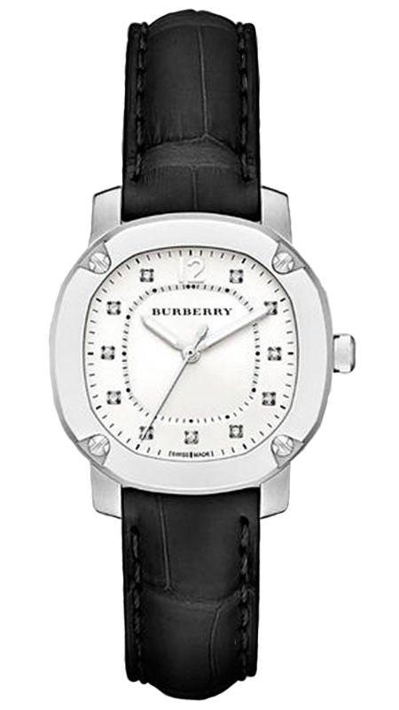 Burberry The Britain white dial black leather strap watch with diamond hour markers