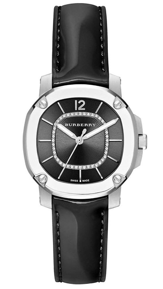 Burberry The Britain Diamond black dial watch with silver case and black leather strap