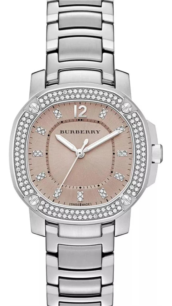 Burberry The Britain Diamonds women's watch with brown dial, diamond bezel, silver steel strap
