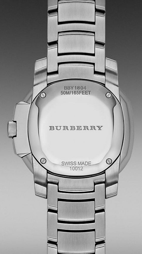 Caseback of Burberry The Britain Diamonds watch showing model number BBY1804 and Swiss made mark