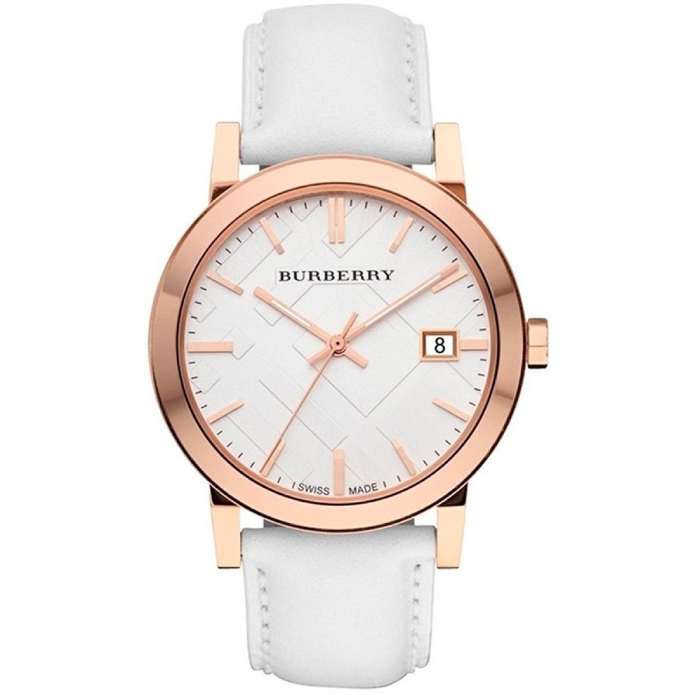 Burberry The City watch with rose gold case, white dial, and white leather check strap
