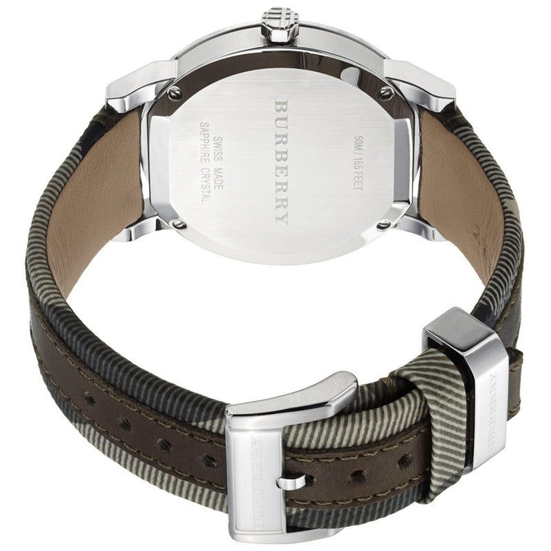 Burberry The City watch caseback showing stainless steel back and brown textured leather strap