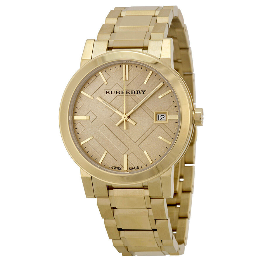 Burberry The City watch with champagne dial, gold-tone case and bracelet, date window visible