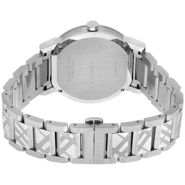 Caseback view of Burberry The City watch showing stainless steel case and bracelet closure