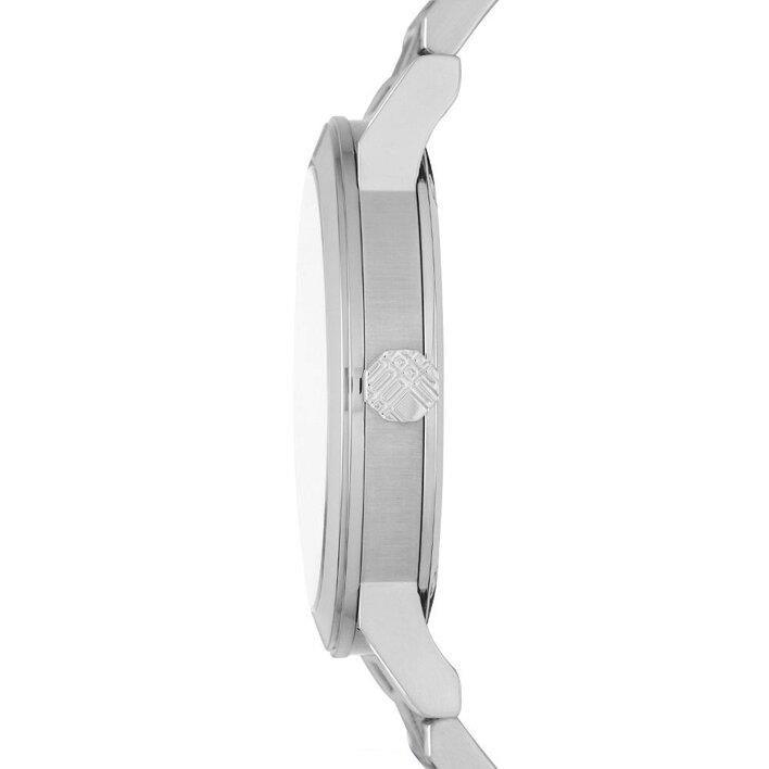Side profile of Burberry The City watch showing case thickness and stainless steel bracelet