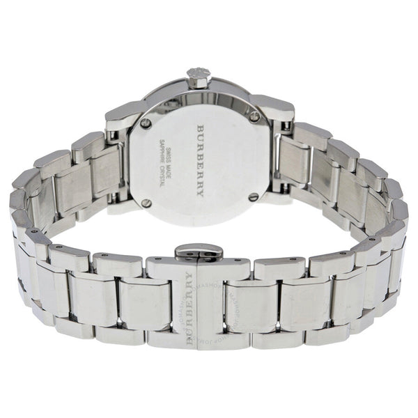 Caseback view of Burberry The City watch with silver stainless steel bracelet