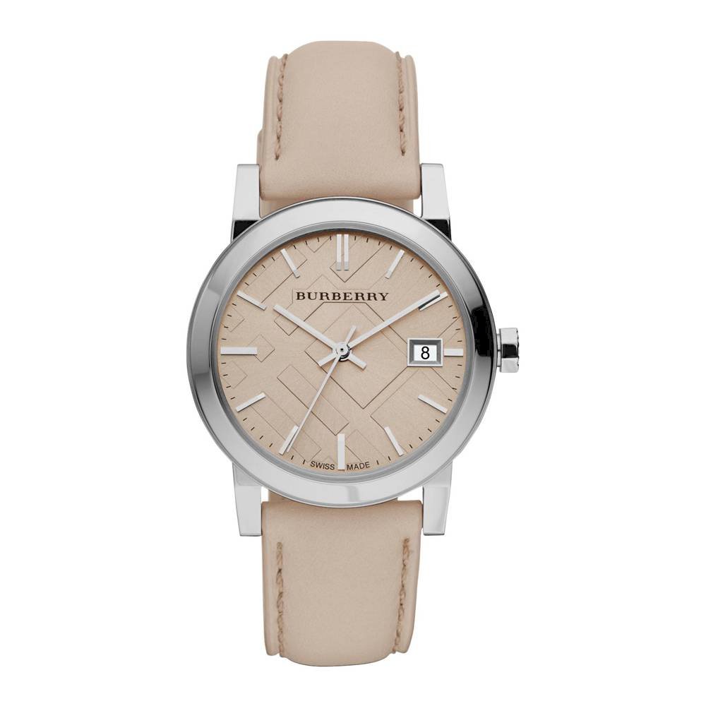Burberry The City women's watch with tan leather strap, silver case, and champagne dial