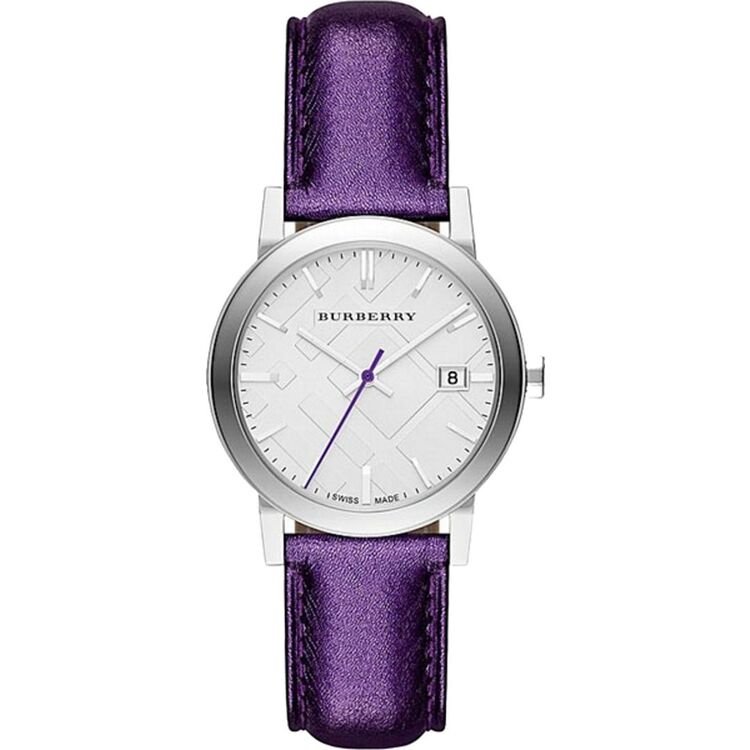 BURBERRY The City BU9122 women's watch with silver dial, purple leather strap, and date window
