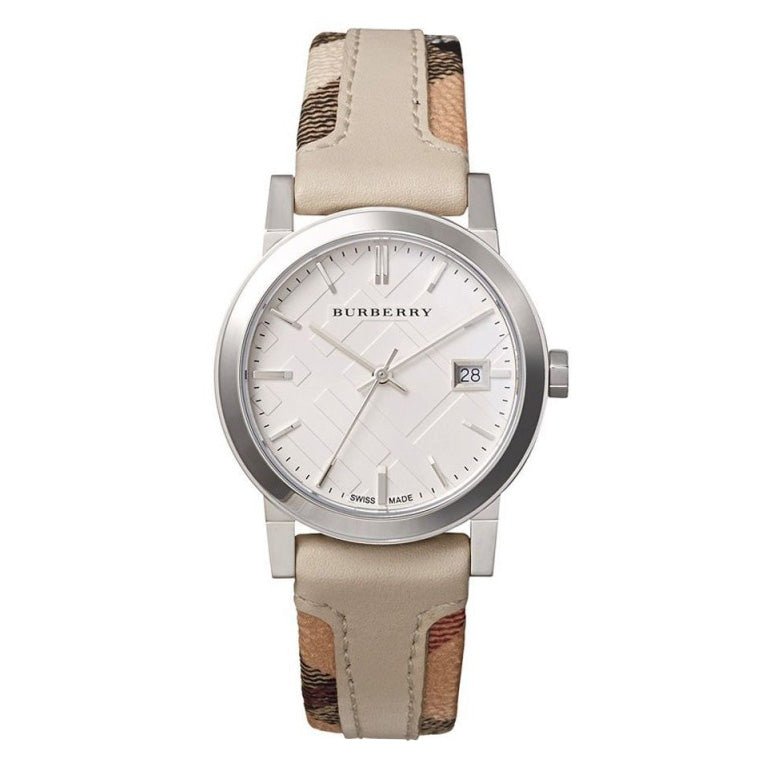 Burberry The City Haymarket white dial women's watch with cream leather strap and Haymarket check detail