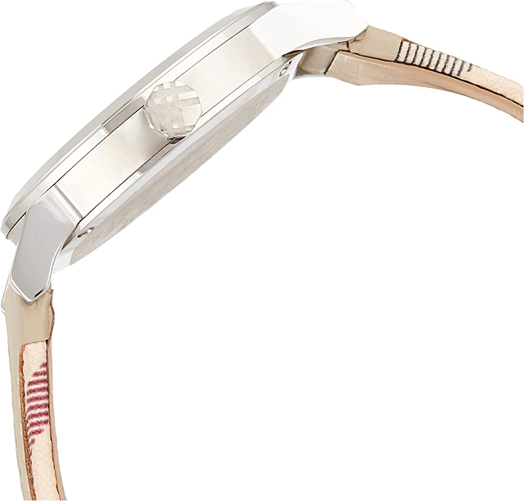 Side view of Burberry The City Haymarket watch showing steel case and cream leather strap