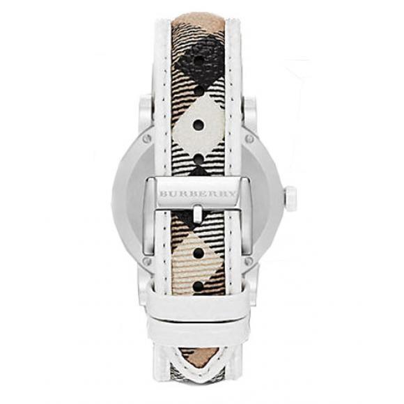 Burberry The City caseback showing stainless steel with Burberry branding and sapphire crystal