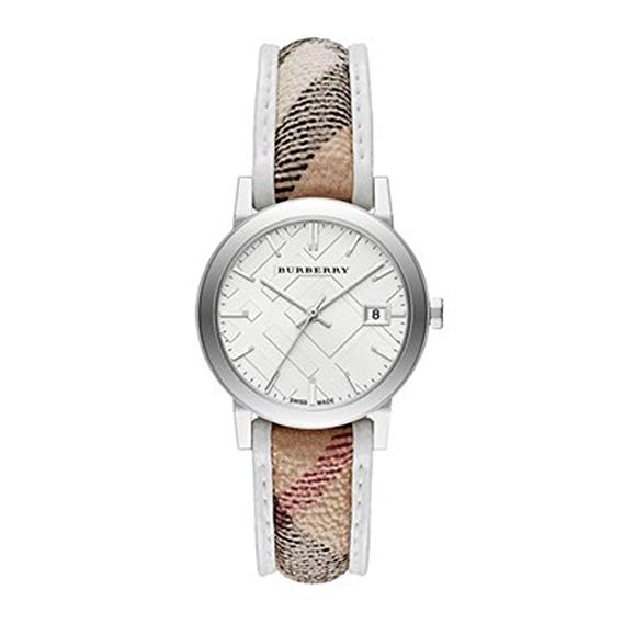 Burberry The City women's watch with silver dial and brown Burberry-patterned leather strap