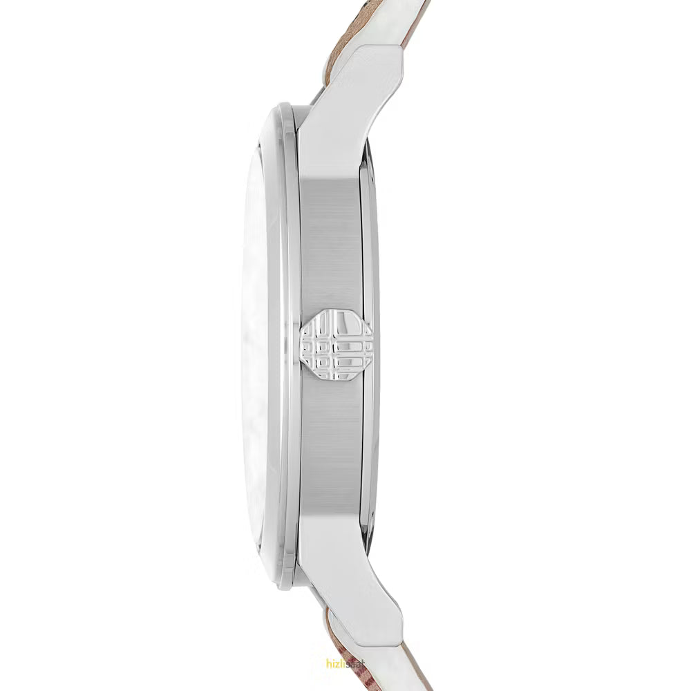 Burberry The City side profile showing stainless steel case and brown leather strap