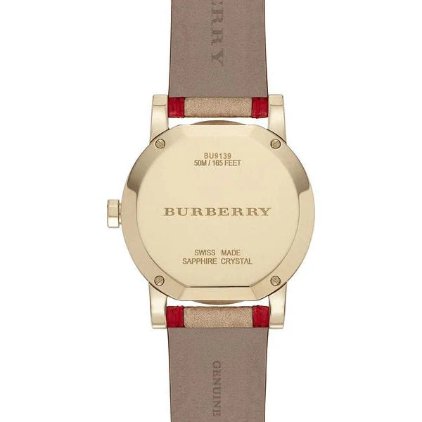 Burberry The City watch caseback showing BU9139 model, 50M water resistance, and sapphire crystal