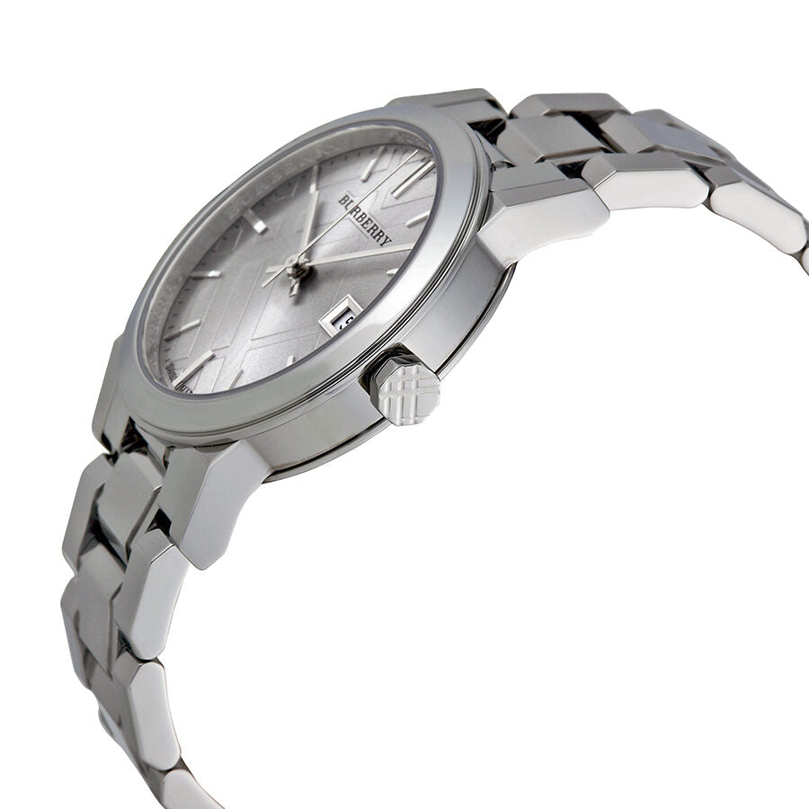 Burberry The City watch shown at angle with grey dial and stainless steel link bracelet