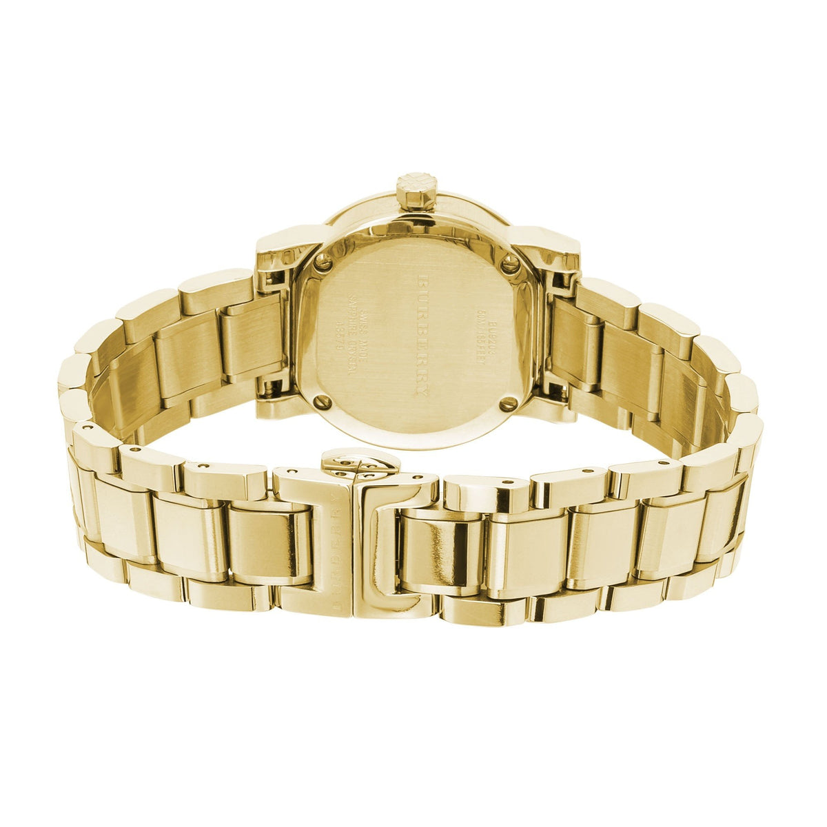 Burberry The City watch caseback showing gold-tone case and bracelet