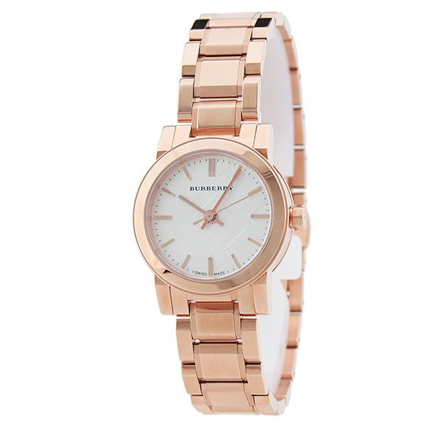 Burberry The City Petite rose gold watch angled view showing 26mm case and stainless steel band