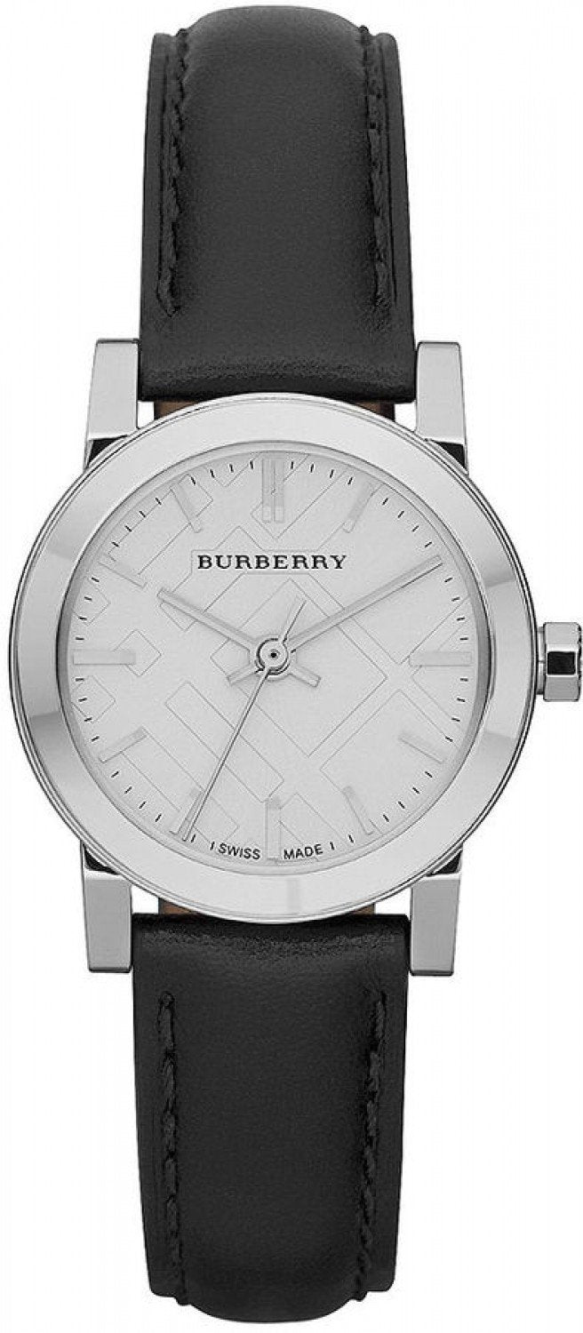 Burberry The City women's watch with silver case, white dial, and black leather strap