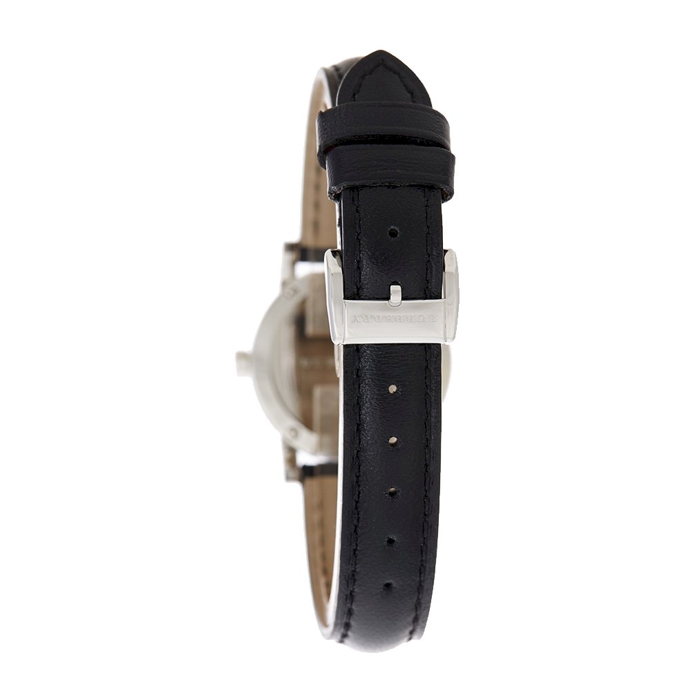 Burberry The City watch side profile with black leather strap and white dial