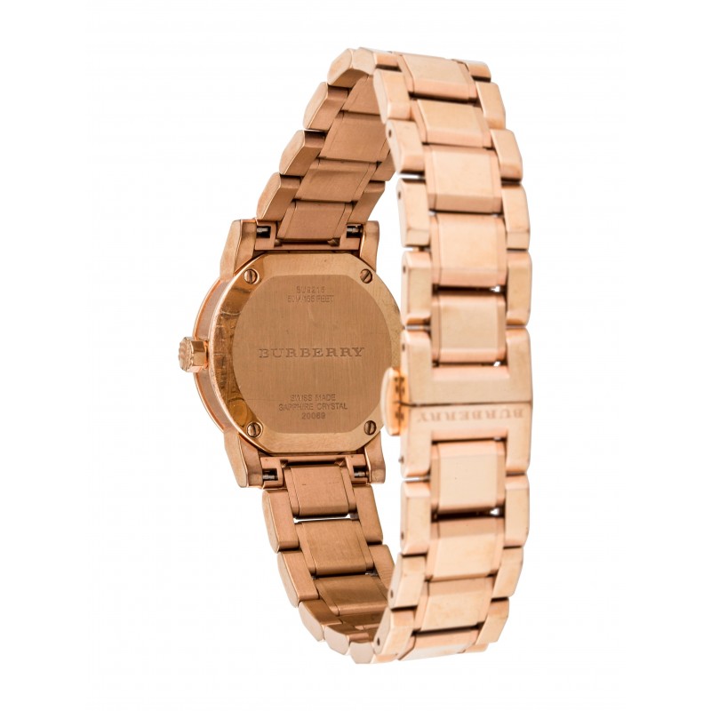 Burberry The City BU9215 caseback showing engraved logo and rose gold construction