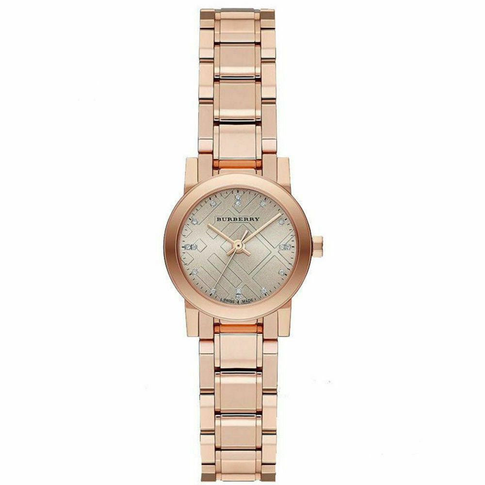 Burberry The City BU9215 women's watch with rose gold dial, diamond markers, and rose gold bracelet