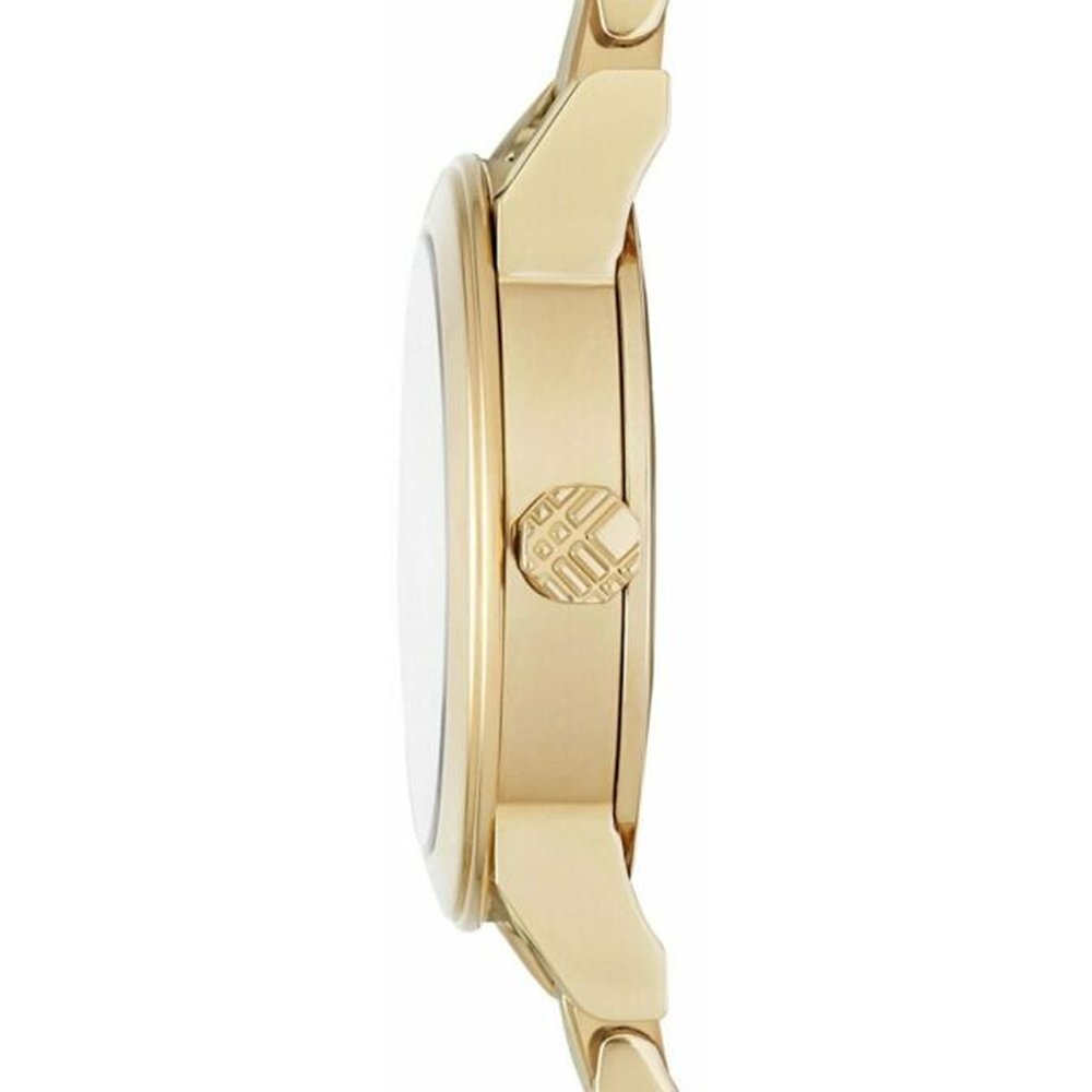 Side view of Burberry The City gold watch case with champagne dial and crown detail