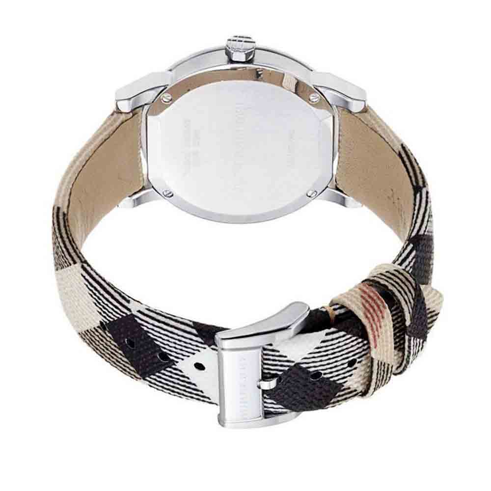 Burberry The City watch back showing brown and cream checkered leather strap with buckle