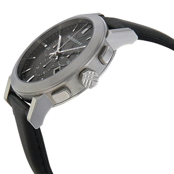 Burberry The City chronograph watch showing side profile with pushers and dark leather band