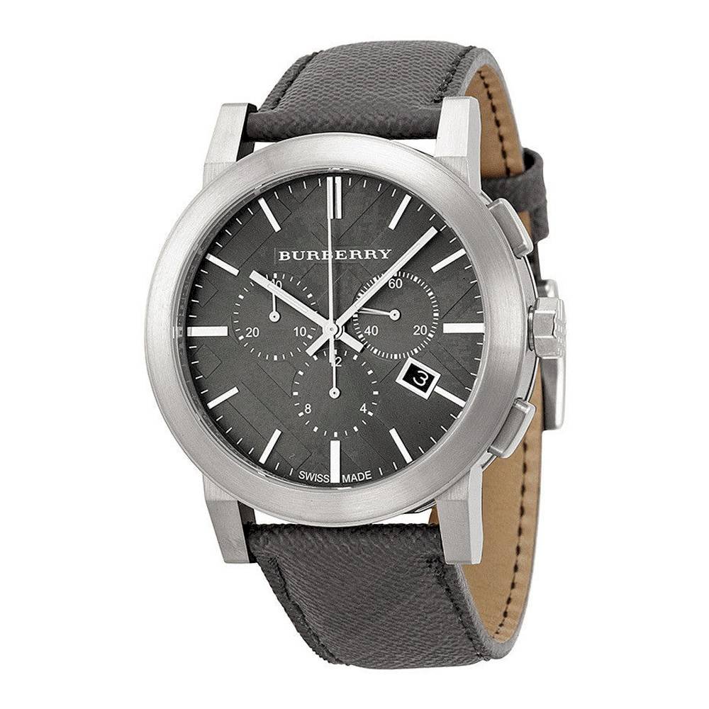 Burberry The City stainless steel chronograph watch with black dial and black leather strap