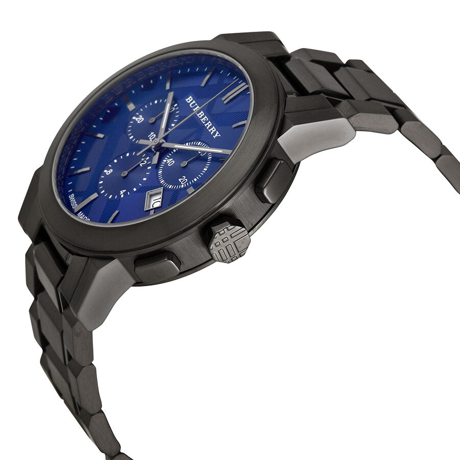 Burberry The City chronograph on wrist showing side profile with blue dial and dark grey case