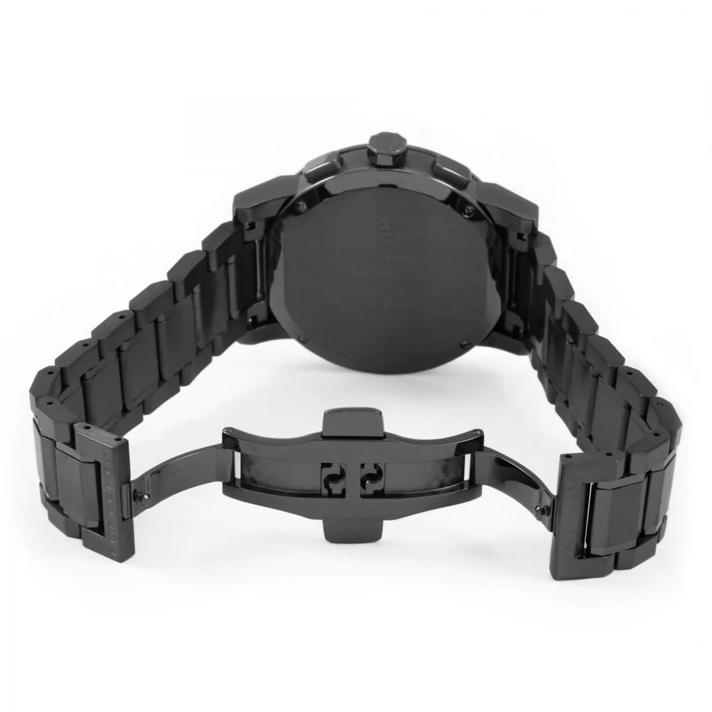 Burberry The City watch caseback showing dark grey ion-plated case and bracelet