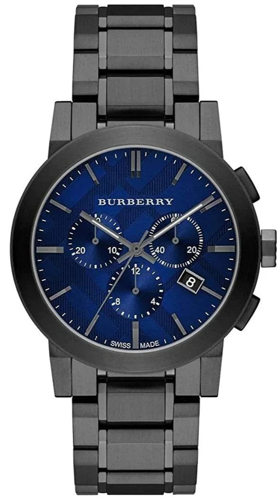 Burberry The City chronograph with blue dial, dark grey bracelet, sub-dials and date window