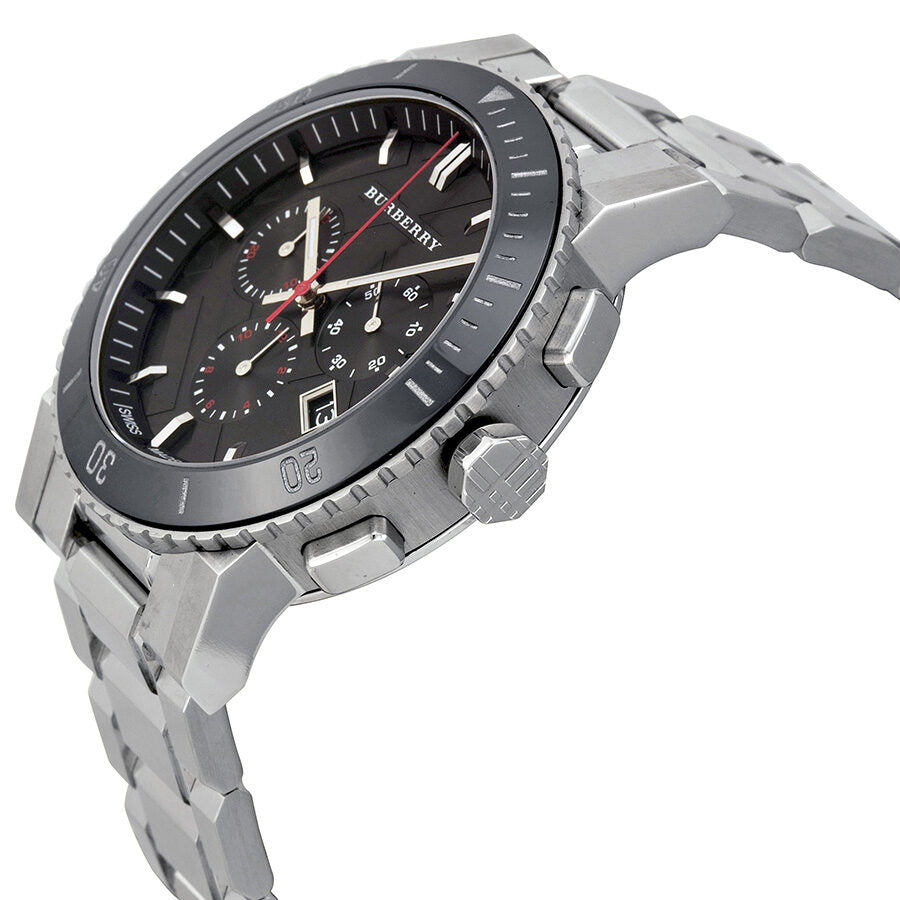 Burberry The City BU9380 chronograph angled side view showing black dial and stainless steel case
