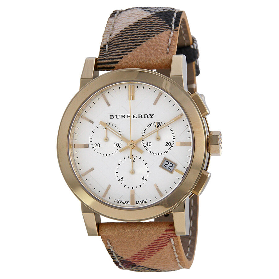 Burberry The City chronograph watch with white dial, gold case, and Haymarket check leather strap