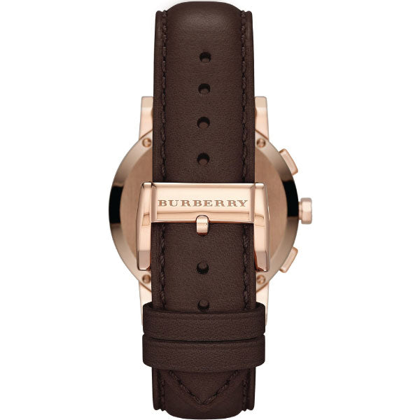 Burberry The City watch caseback displaying brown leather strap and Burberry branding
