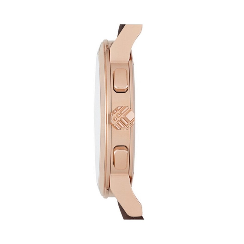 Side view of Burberry The City watch showing rose gold case profile and Burberry engraving