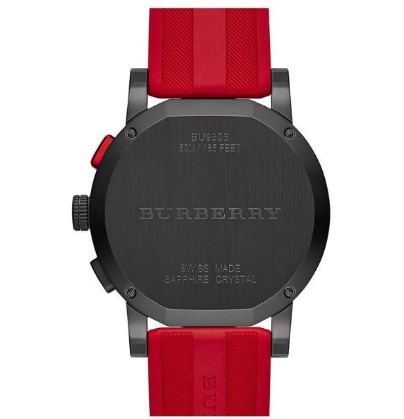 Black caseback showing Burberry branding, Swiss Made, and Sapphire Crystal engraving