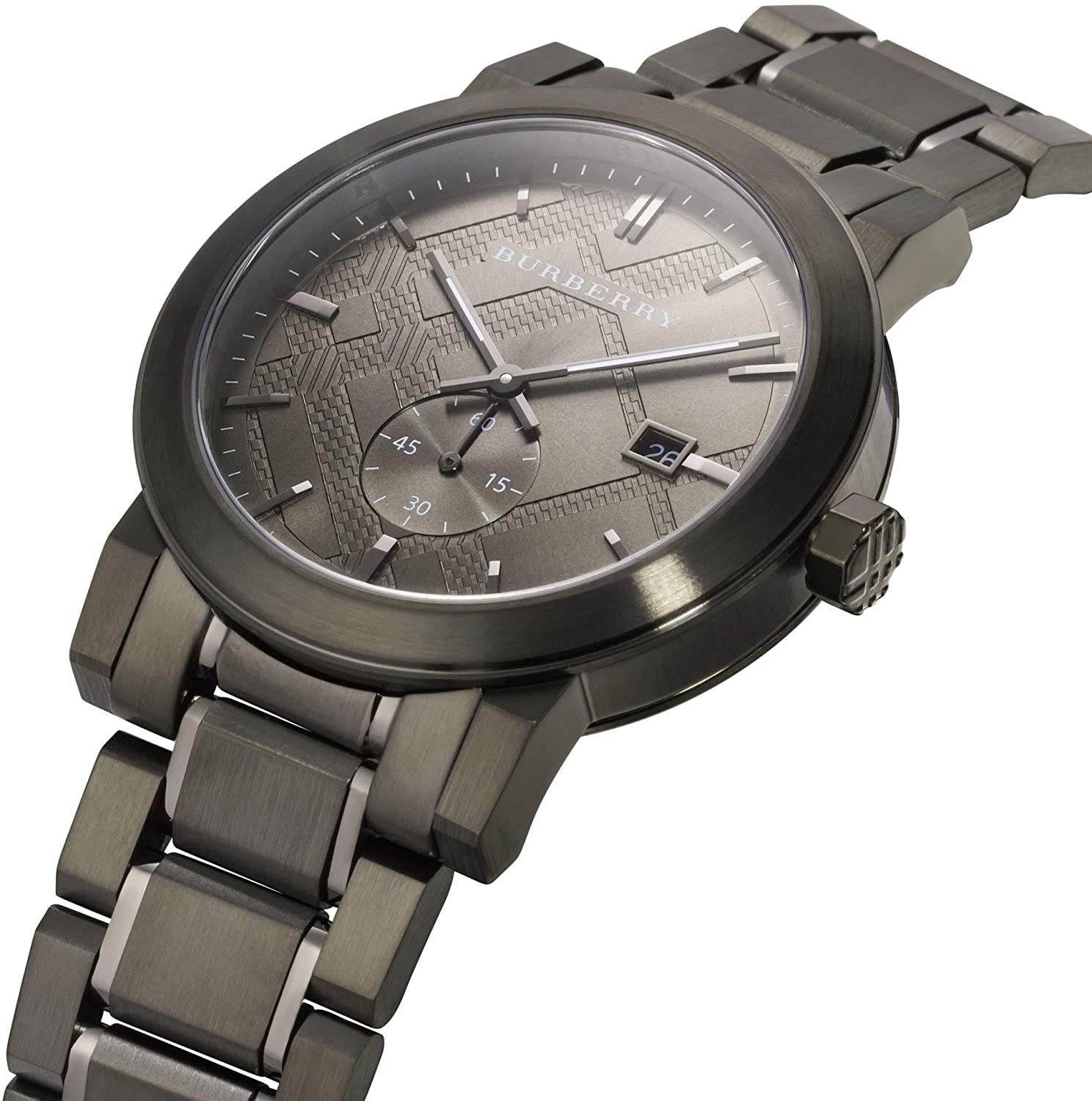 Burberry The City watch angled view showing gunmetal dial and steel link bracelet