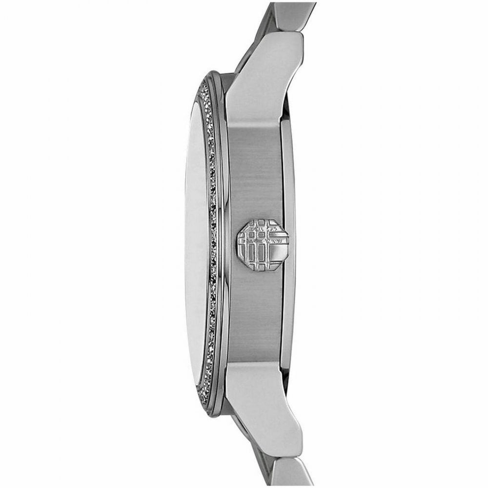Side profile of Burberry The City watch showing diamond-set bezel and stainless steel case