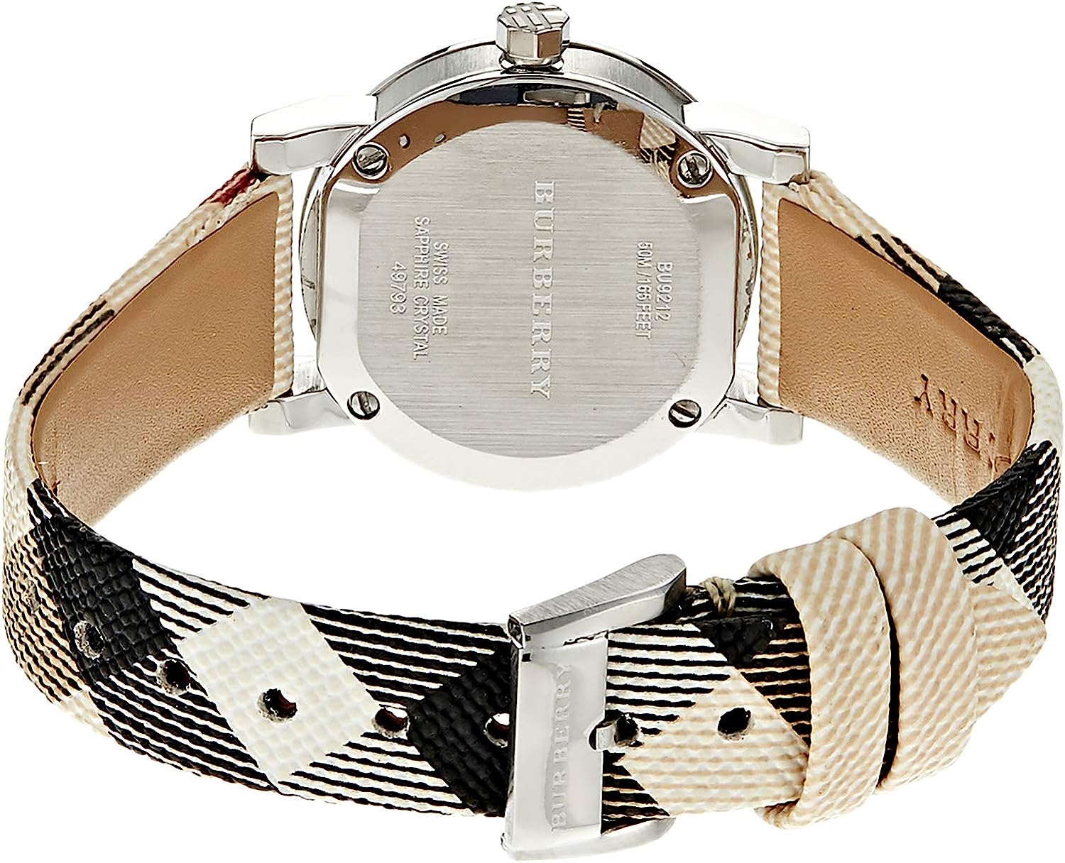 Back view showing brushed stainless steel caseback with Burberry engraving and brown leather backing