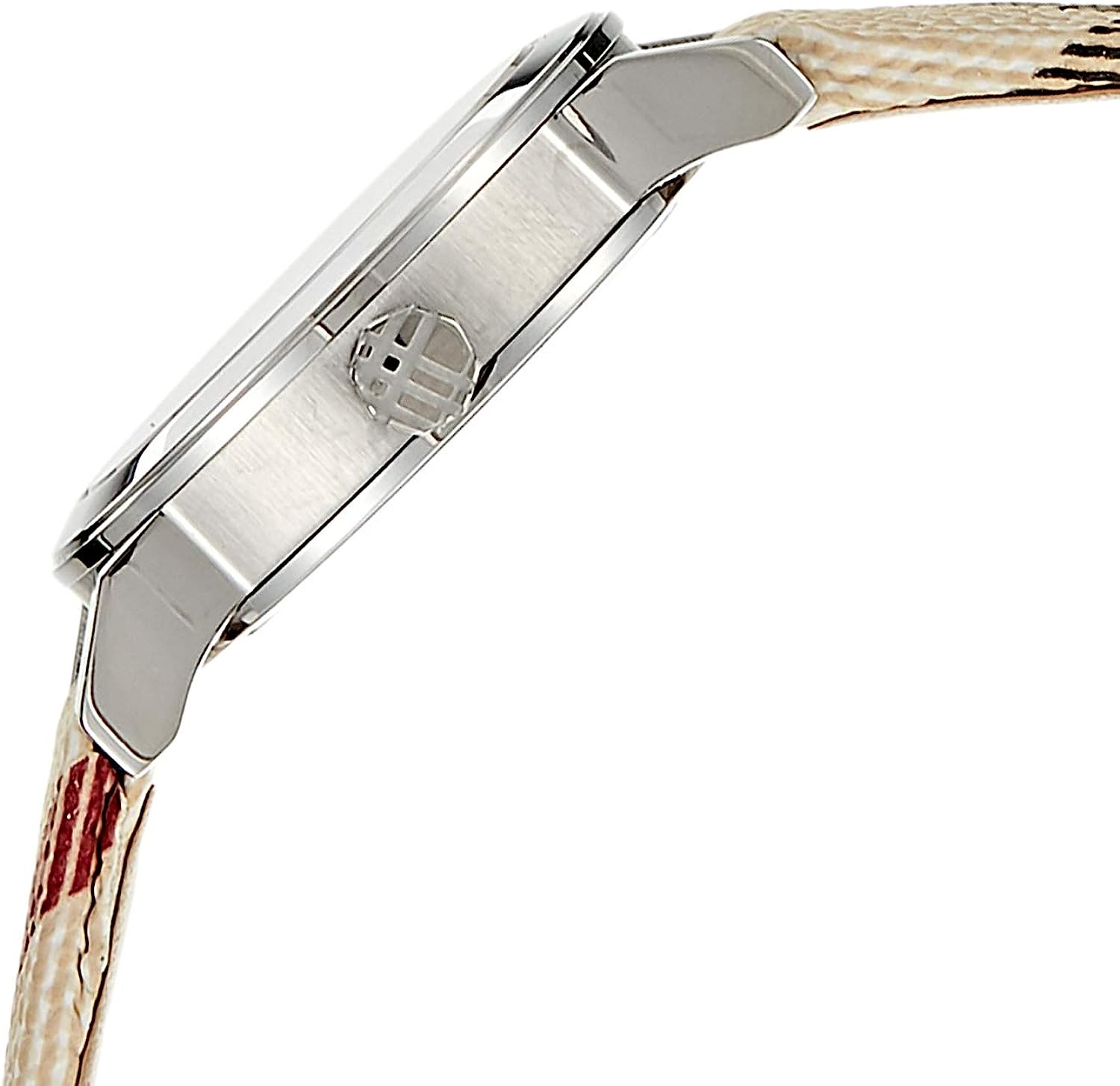 Side view of silver stainless steel watch case with brushed caseback and patterned leather strap
