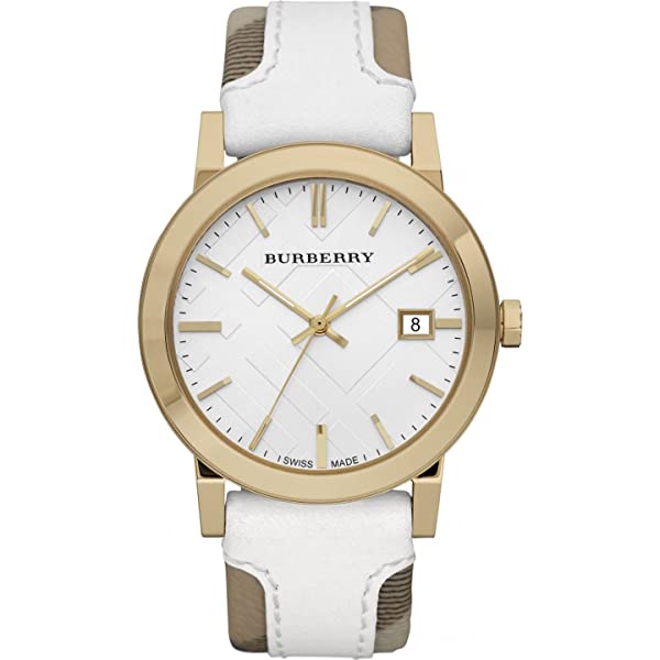 Burberry BU9015 Women's Swiss Heymarket Check Fabric and White Leather Band White Dial Women's Watch  BU9015 - The Watches Men & CO