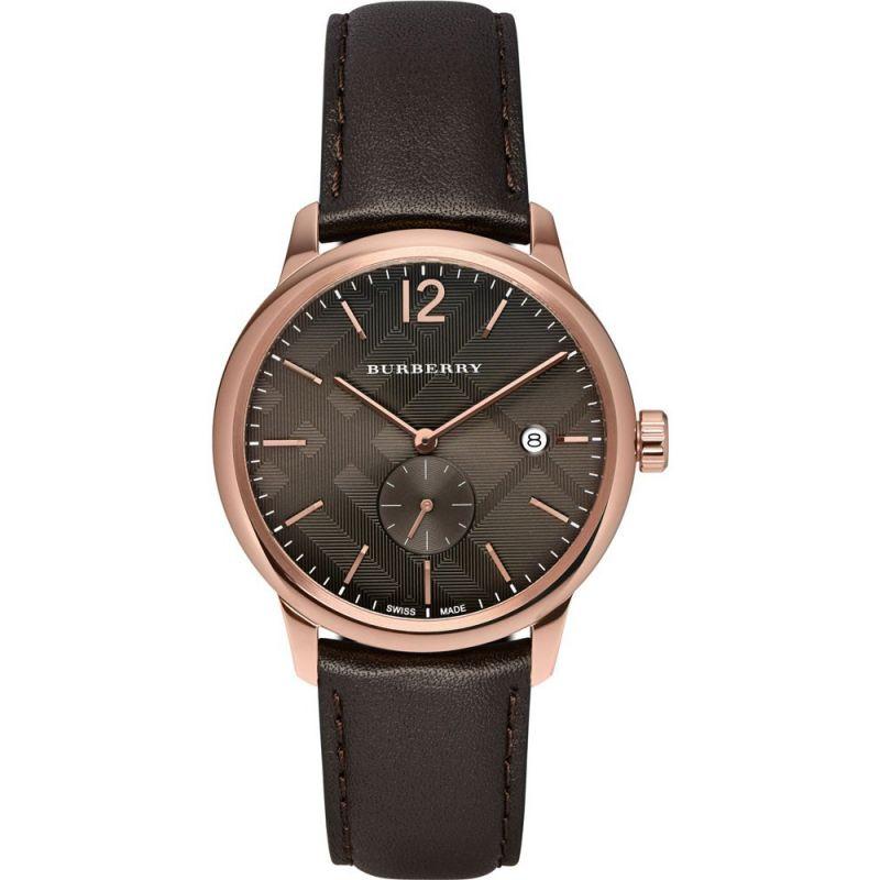 Burberry The Classic men's watch with brown dial, rose gold case, and black leather strap